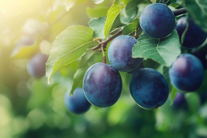 Gros plan de branche de prunier avec prunes mûres