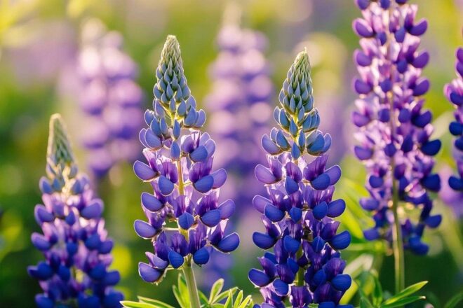 Gros plan des fleurs de lupin indigo vibrant