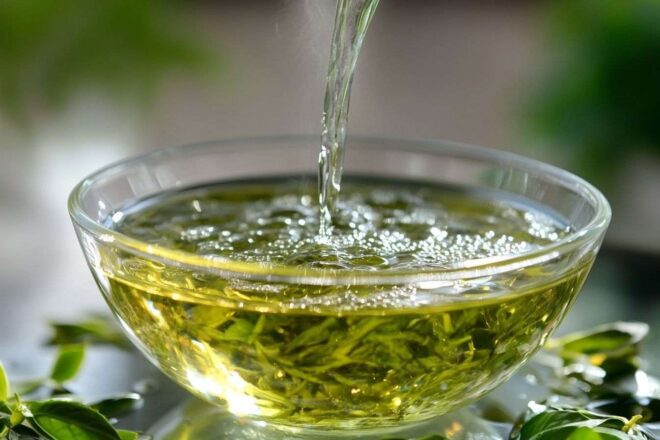 Infusion de thé vert versée dans un bol pour rinçage capillaire