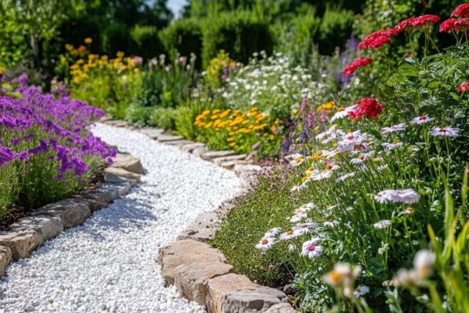 Jardin tranquille avec graviers blancs