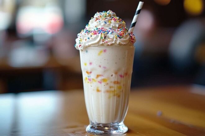 Milkshake crémeux avec crème fouettée et vermicelles colorés