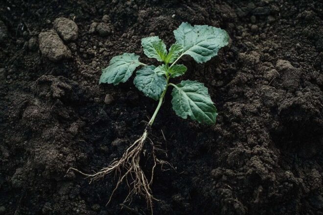 Plante fraîchement déracinée sur sol riche et sombre