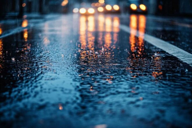 Pluie torrentielle sur une rue déserte