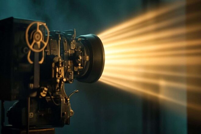 Projecteur de film vintage en salle de cinéma obscure