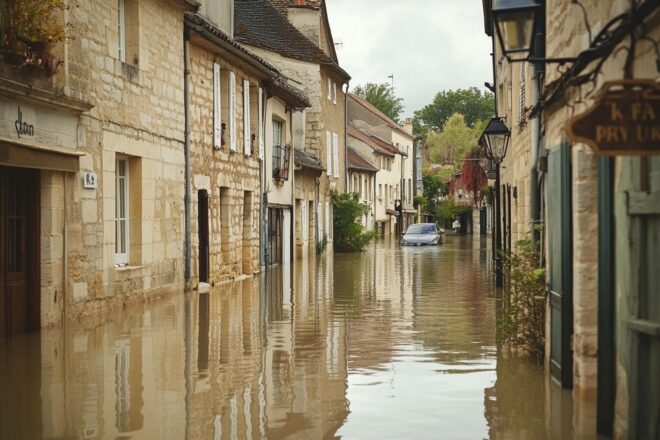 Rues inondées dans un village français pittoresque