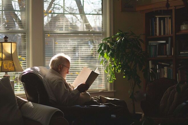 Scène de bureau à domicile sereine avec un senior