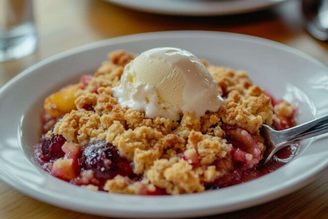 Servir élégant de crumble aux prunes avec glace