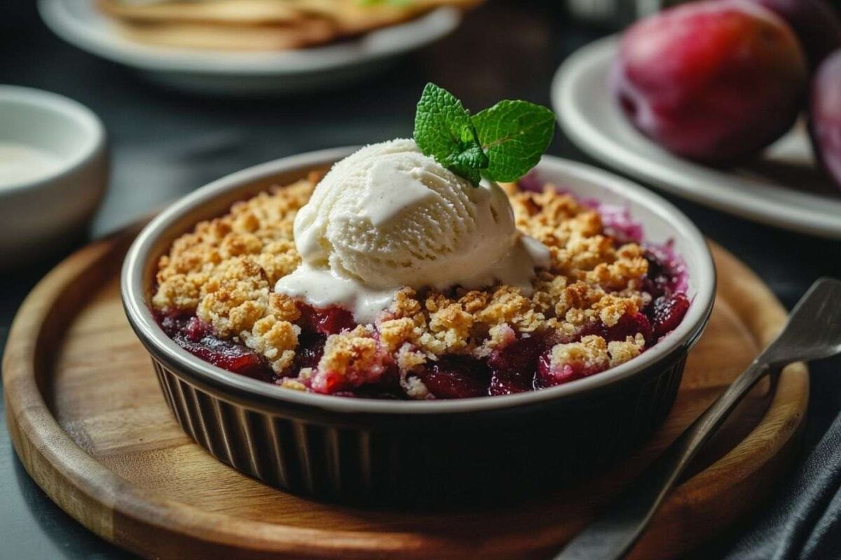 Servir élégant de crumble aux prunes avec glace