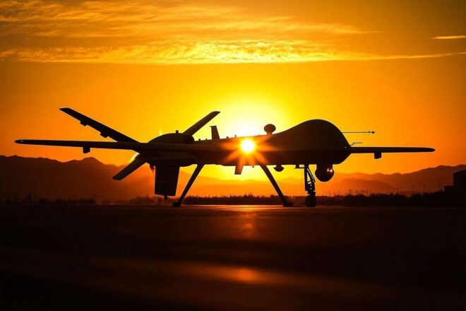 Silhouette d un drone militaire au crépuscule