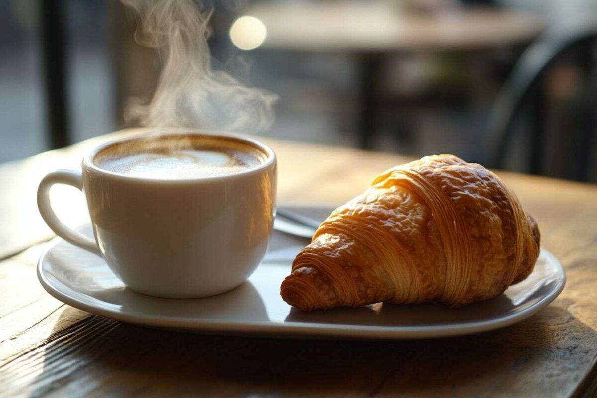 Tasse de café fumante et croissant