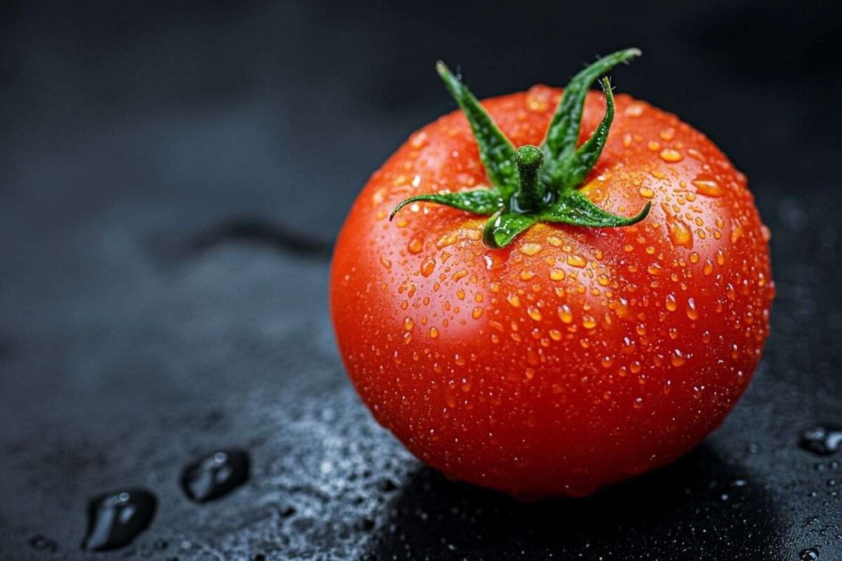 Tomate couverte de rosée sur fond sombre