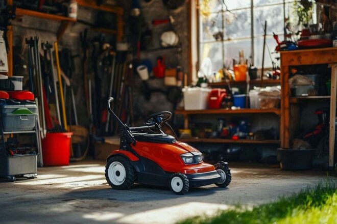 Tondeuse colorée dans un garage