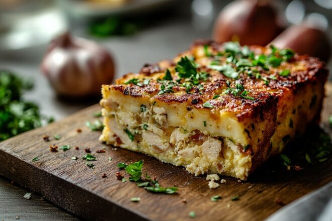 Tranche de gâteau de poulet sur planche rustique