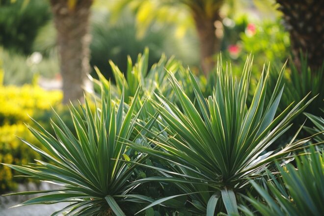 Üppige grüne yucca pflanzen im garten