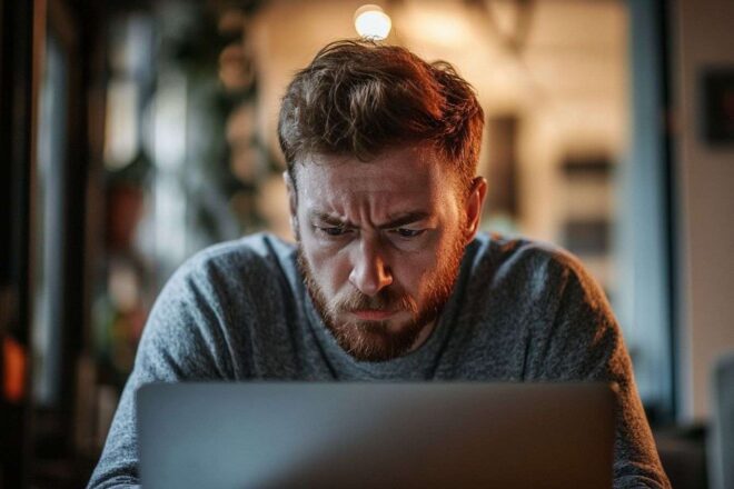 Visage d homme concentré et irrité devant un ordinateur portable