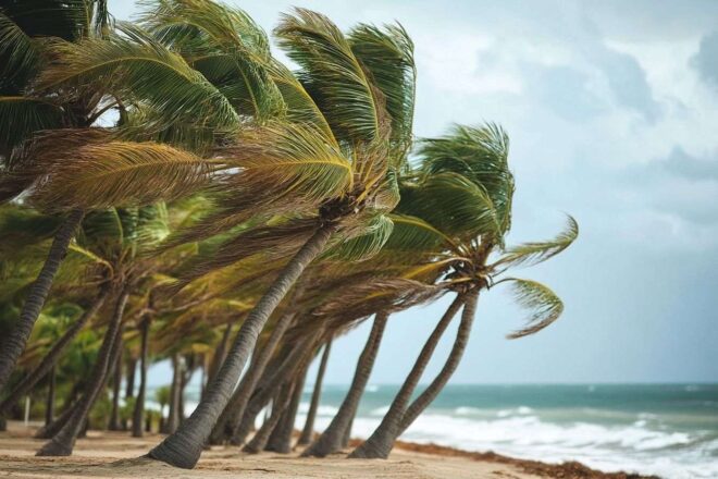 Arbres pliés sous la tempête en guadeloupe