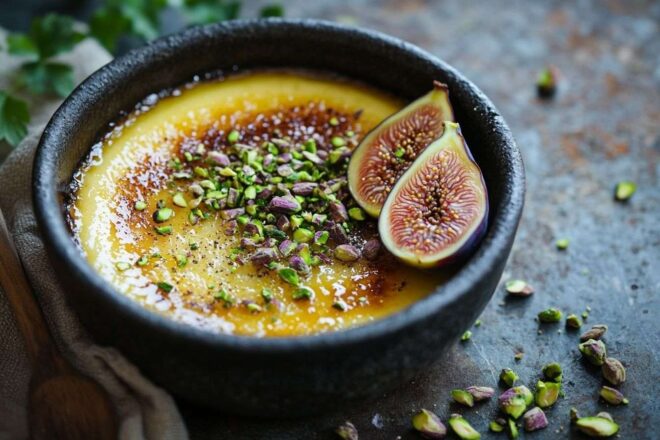 Arrangement artistique de crème brûlée et figues