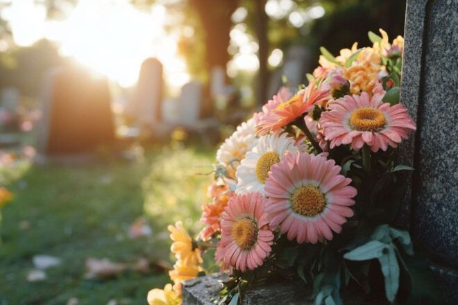 Beauté du souvenir avec des fleurs fraîches sur une tombe