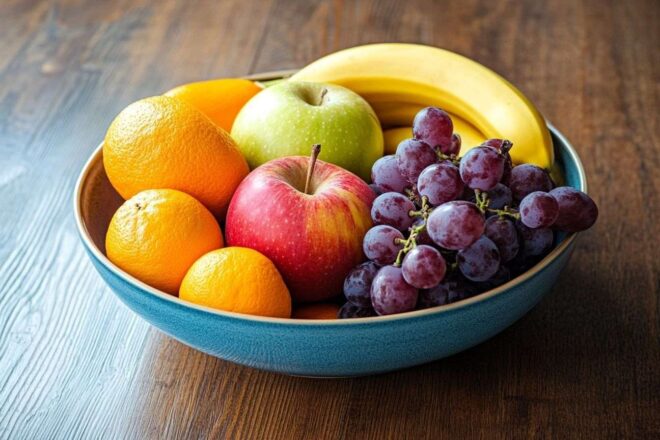 Bol de fruits variés sur table en bois