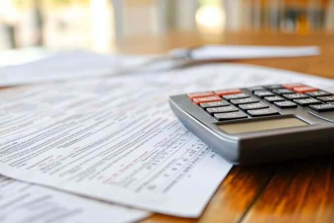 Calculatrice et documents fiscaux sur un bureau en bois photo de détail