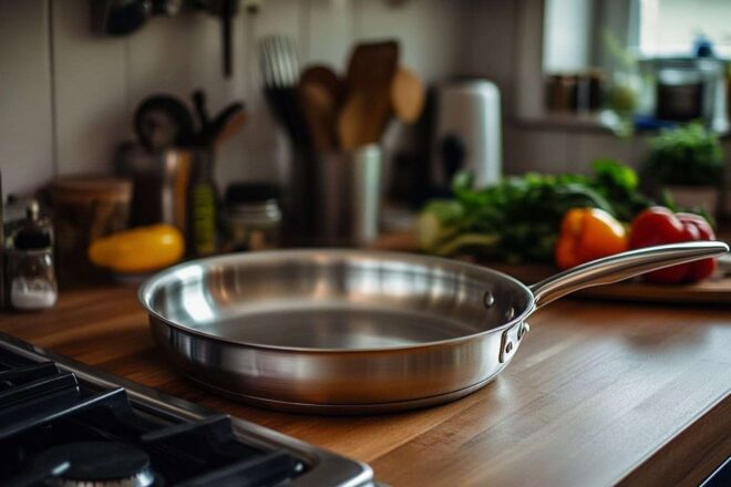 Casserole en acier inoxydable sur comptoir