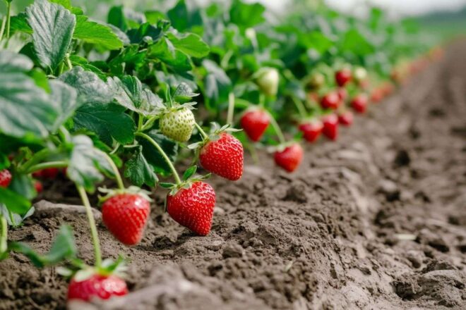 Champs de fraises mûres prêtes à être récoltées