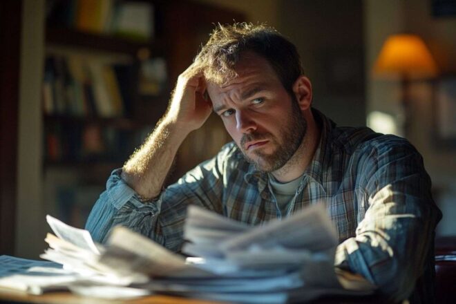 Contribuable confus entouré de papiers