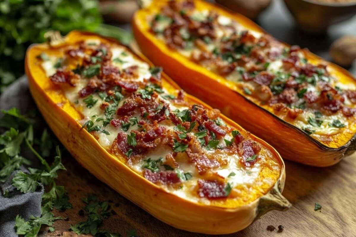Courge musquée coupée en deux avec bacon croustillant et fromage fondu