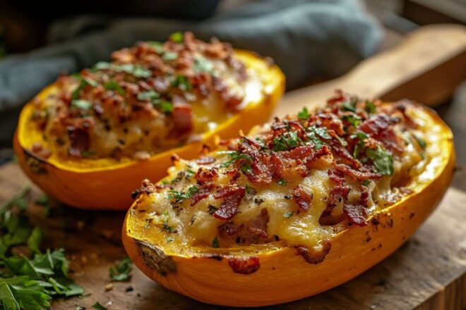 Courge musquée coupée en deux avec bacon croustillant et fromage fondu