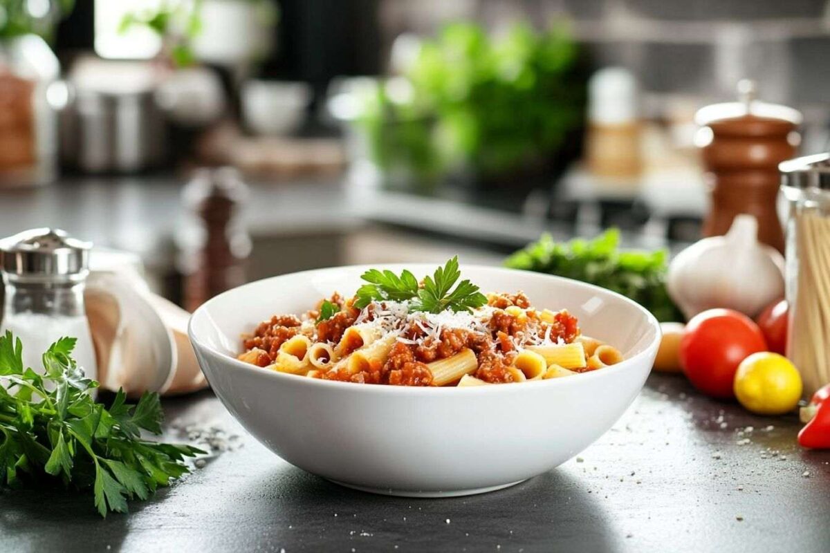 Élégant bol de pâtes al ragù avec persil