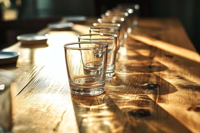 Ensemble de verres duralex sur table en bois