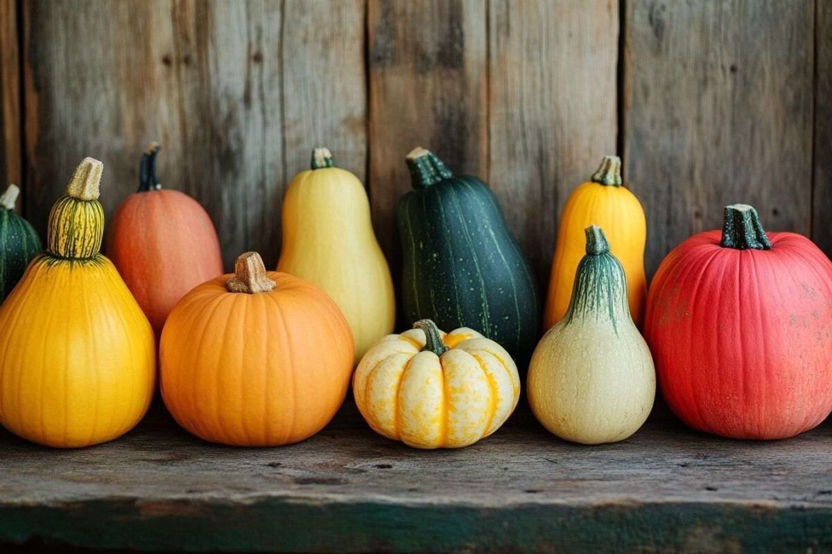 Exposition colorée de courges variées