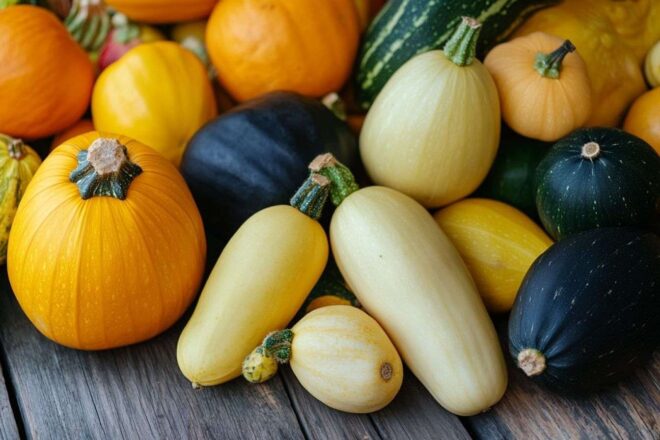 Exposition colorée de courges variées