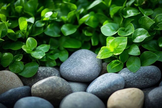 Feuillage vert luxuriant et pierres lisses dans un jardin