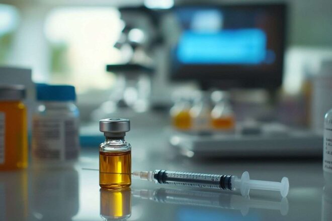 Flacon de vaccin et seringue sur table médicale