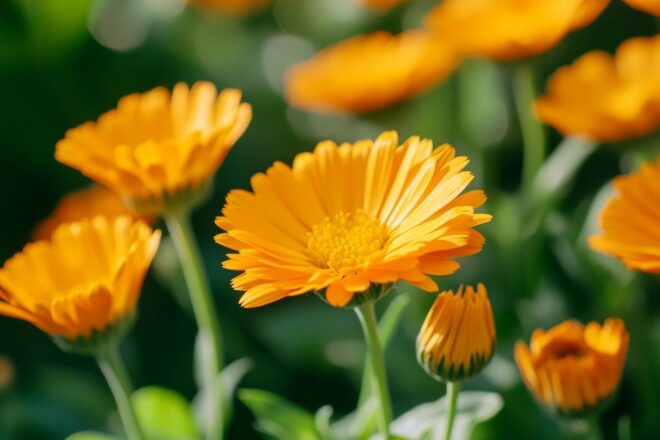 Gros plan de fleurs de calendula orange vif