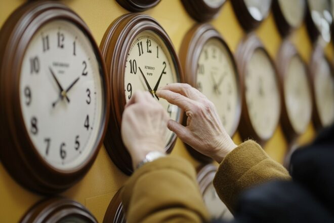 Gros plan des mains ajustant des horloges murales