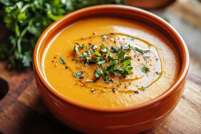 Gros plan d un bol orange vibrant de soupe crémeuse à la noix de coco et aux carottes