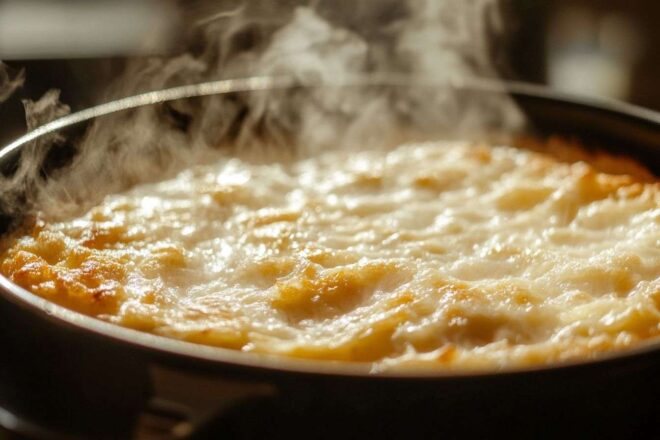 Gros plan d un gratin doré bouillonnant dans une friteuse à air