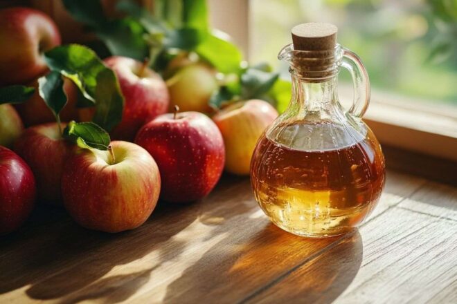 Gros plan d une bouteille de vinaigre de cidre entourée de pommes fraîches