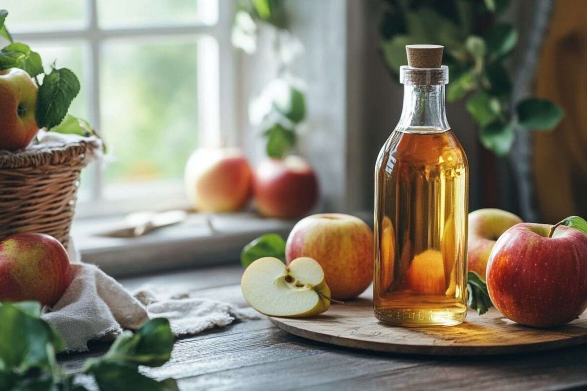 Gros plan d une bouteille de vinaigre de cidre entourée de pommes fraîches