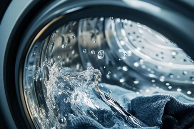 Gros plan d une machine à laver avec eau tourbillonnante