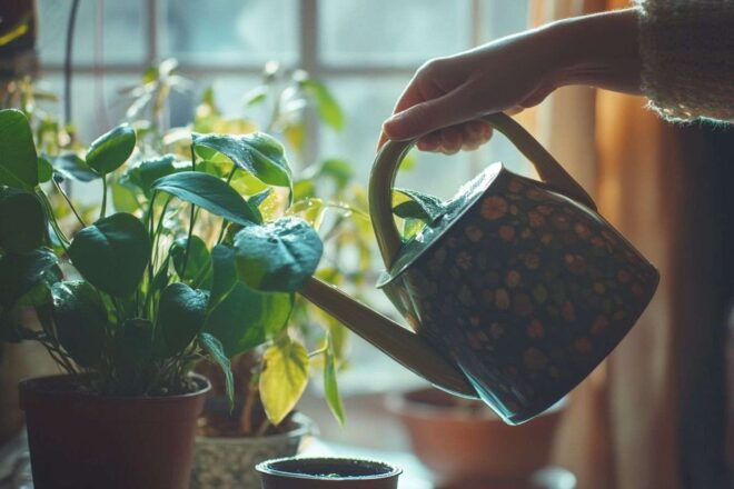 Gros plan d une main arrosant doucement une plante en pot