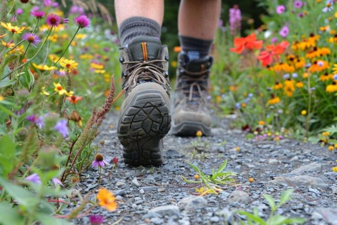 Gros plan sur des chaussures de randonnée robustes