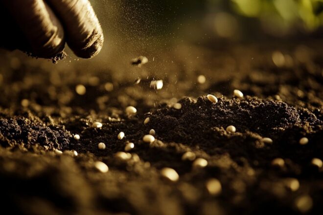 Gros plan sur des graines plantées dans un sol riche et sombre en automne