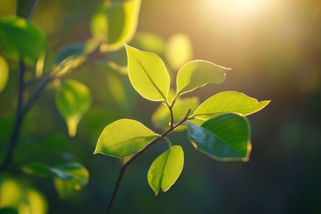 Gros plan sur feuilles vibrantes de plante invasive