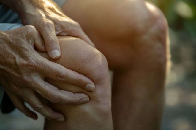 Gros plan sur les mains massant un genou