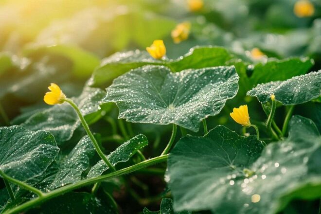 Gros plan sur les plants de citrouille verts avec des fleurs jaunes