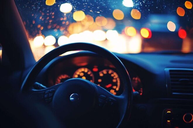 Gros plan sur un volant et tableau de bord éclairés par les lumières de la ville lors d un cours de conduite