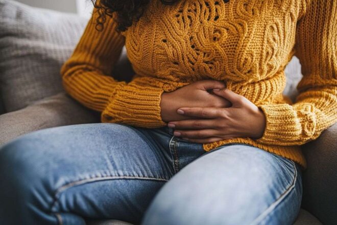 Gros plan sur une personne tenant son ventre